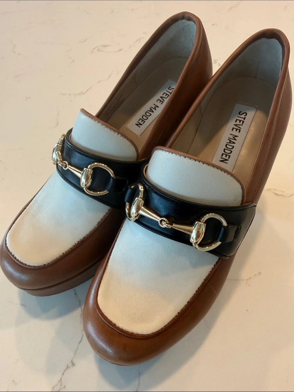 Steve Madden Brown Platform Loafer with Cream Vamp and Black Strap